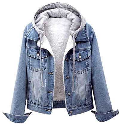 Women's Fleece Denim Jacket with Hood Sherpa Lining Oversized Distressed Jean Jackets Hoodie Thermal Plush Winter Coat Autumn Winter Outwear