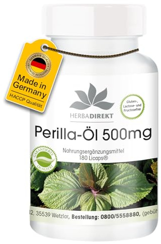 Aceite de Perilla 500mg – Perilla frutescens – Rico en ácidos Omega 3 vegetales (Ácido oleico, linoleico y linolénico) – 180 Cápsulas blandas | HERBADIREKT - Calidad de farmacia alemana