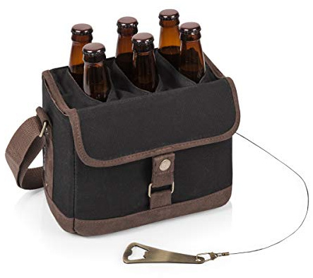 PICNIC TIME Beer Caddy, Drink Caddy and 6-pack Cooler Tote, Drink Carrier with Handle, Bottle Opener, Removable Divider, Shoulder Strap Gifts for Beer Lovers, (Black with Brown Accents)