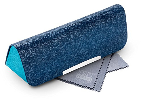 FEFI Stylisches Brillenetui in ausgefallener Form - Hardcase mit Chrom-Applikation - Inklusive hochwertigem Brillenputztuch/Mikrofasertuch (Blau)