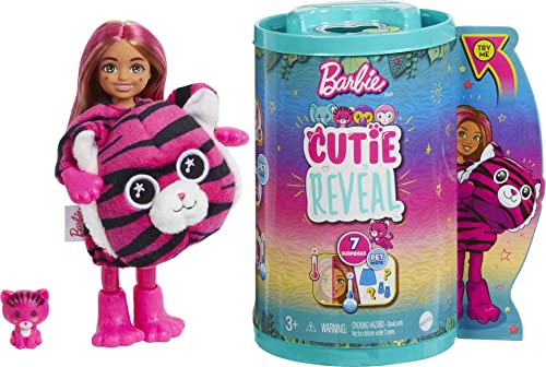 Barbie Cutie Reveal, Chelsea-Puppe mit Tiger-Accessoires, 7 Überraschungen, Haustier, Farbwechseleffekt, inkl Cutie Reveal Puppe, Geschenk für Kinder, Spielzeug ab 3 Jahre,HKR15