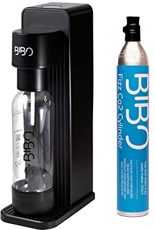 BIBO Sparkling Water Maker | Includes 60L Carbonated Gas Cylinder + 1L BPA-Free Reusable Bottles + Fizzy Soda Water Maker Machine | Quick Screw In CO2 System, Black