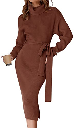 ZESICA Women's Turtleneck Sweater Midi Dress Long Sleeve Ribbed Knit Bodycon Slit Dress with Belt,Coffee,Small