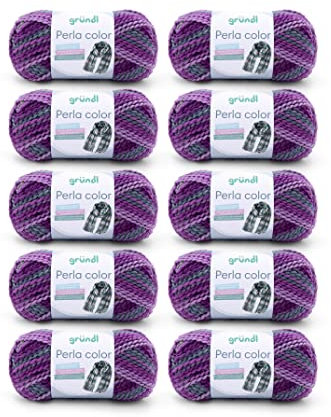 Gründl Wolle Perla color (wollähnliches Handstrickgarn aus 100% Polyester, 100 g / 90 m, Nadelstärke: 8-9, 10 x 100 g), violett-perlgrau-flieder-pinie