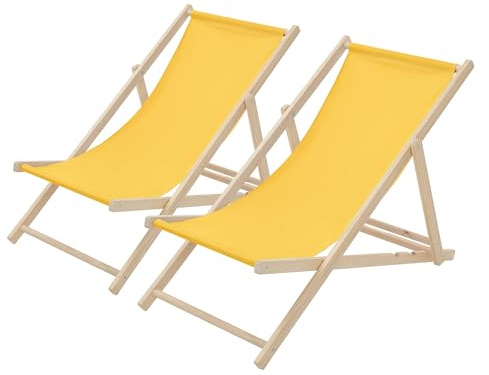 ECD Germany 2X Sillas de Playa de Madera, Amarilla Tumbona Plegable con Respaldo Ajustable en 3 Posiciones de Reclinación Asiento de Relax para Jardín, Piscina, Terraza o Balcón Carga hasta 120kg