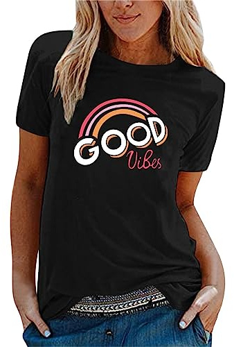 T Shirt Damen Kurzarm- Oberteile Damen Sommer mit Regenbogen Good Vibes Briefdruck,Tshirt Damen Rundhals Bluse Tunika Top Tee Bequeme Sweatshirt Pullover T-Shirts für Frauen Teenager Mädchen
