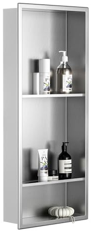 Bernkot Stainless Steel Shower Niche Brushed 30 X 12 W/ 3-Tier Shelf | Recessed shower niche no tile needed,space-saving,vertical niche, silver bathroom niche shower for shampoo & soap storage