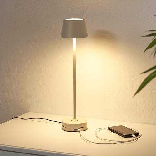 Northpoint LED Akku Tischlampe mit Ladestation max. 45cm hoch mit 3000mAh Akku 200lm warmweißes Licht (3000K) stufenlos dimmbar für Innen und Außen beige