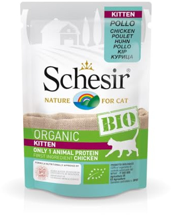 SCHESIR Bio Comida húmeda para Gatos 16 Sobres x 85 Gr (Pollo EN PATÉ Kitten)