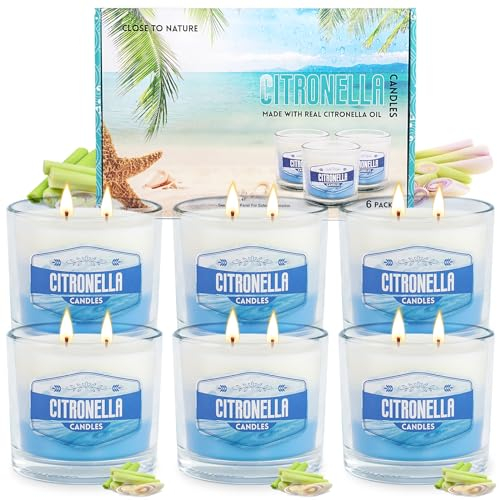 Yinuo Candle Set da Esterno per Candele alla Citronella, Confezione da 6 (575 g Ciascuna), Autonomia di 300 Ore, Candele da Giardino con Sfumatura dal Bianco al Blu in Contenitori di Vetro
