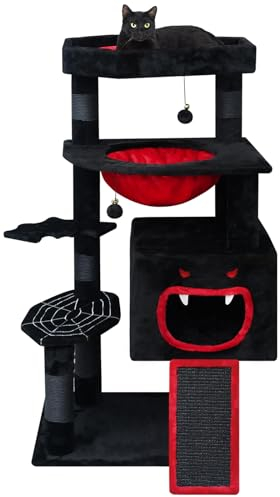 YARUOMY Gothic Cat Tree, 120cm Black Cat Tower with Coffin Bed, Spooky Spacious Condo, Coffin Bed with Thickened Soft Cushion, Sisal Scratching Posts, Scratching Ramp and Comfort Basket，Halloween