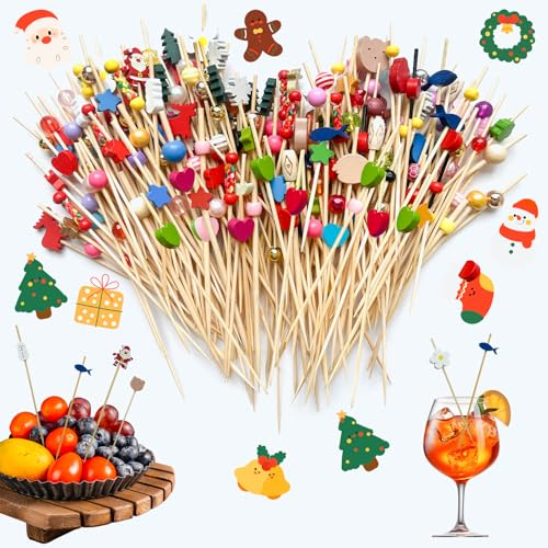 RAFIYU 200 Pièces Pique Cocktail Bois, 12 cm Pic Brochette Aperitif, Cure Dent Decoratif Aperitif, Cure-dents en Bois Avec de Jolies Décorations pour Grillades, Fruits, Boissons, Gâteaux, Collations