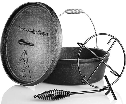 Dutch Oven 12 L, Dickem Gusseisen Kochtopf, Feuertopf Schmortopf, Dutch-Oven Set inkl. Deckelheber Spiralförmiger Henkel & Topfständer, für Kochen Oudoor Camping, Bereits Eingebrannt