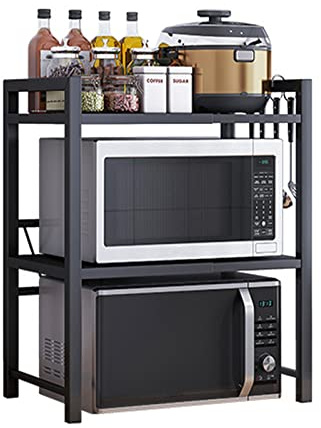 TOTEBOX 3 Tiers Expandable Microwave Oven Rack with 6 Hooks, Microwave Shelf Stand for Kitchen, Carbon Steel Kitchen Shelf Countertop Storage Organiser for Pots Pans Rice Cooker Black