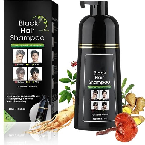 3-in-1 Haarfärbe-Shampoo Schwarz, Haarfärbeshampoo Sofortige Grauabdeckung, Pflanzenformel, Ammoniakfrei, Natürliches Haarfärbemittel für Männer und Frauen, 400 ml