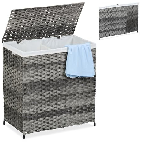 Relaxdays Wäschekorb mit Deckel, Rattan-Optik, Wäschesack 110 L, HBT: 60x58x34 cm, Wäschesortierer 2 Fächer, grau/beige