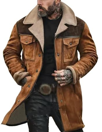 CheJooe Giacca da uomo in pelle scamosciata vintage foderata in pile Sherpa, calda e spessa, cappotto marrone con colletto ribaltabile, tasche con patta, giacca Trucker invernale casual Western