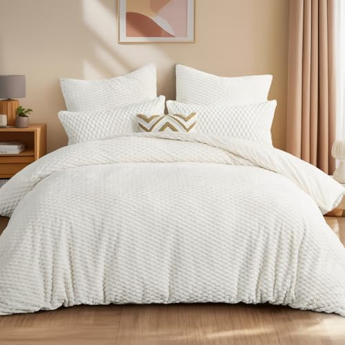 Aisbo Winter Flanell Bettwäsche 220x240 3teilig Weiß - Warm Plüsch Winterbettwäsche Flauschige Teddy Fleece Cashmere Touch Bettbezug und 2 Kissenbezüge 80x80 cm mit Reißverschluss