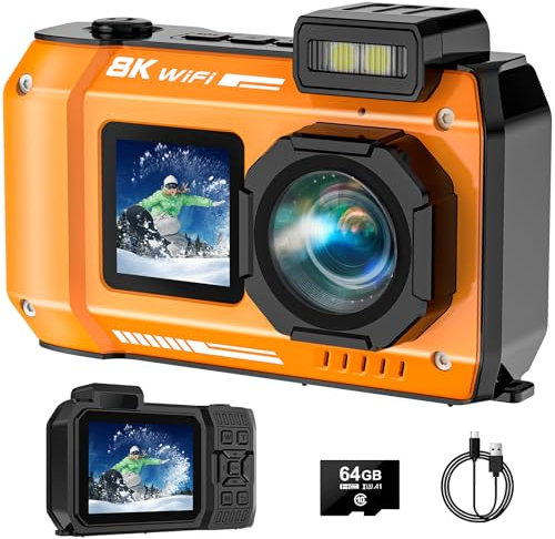 YISENCE Digitalkamera, 8K UHD Robust Wasserdicht Staubdicht Stoßfest Digitalkamera mit 64GB Karte 70MP Autofocus Selfie mit Zwei Bildschirmen 33FT WiFi Unterwasserkamera für Schnorcheln