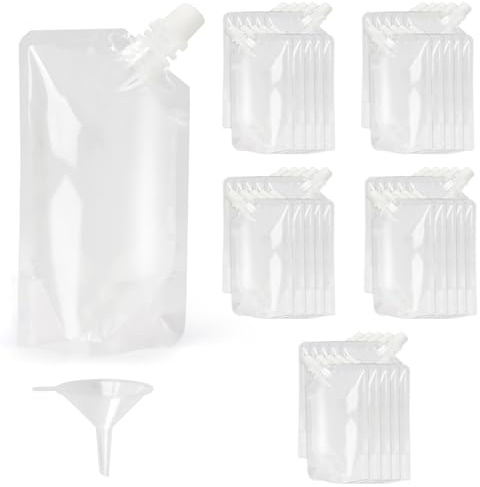 Drink Pouches,Drink Pouches for Festivals,50 Pcs,Refillable Drink Pouches with Caps and Funnel,Reusable Beverage Packaging Bags,Drinks Pouches for Picnic Camping Party Beverage Drinks