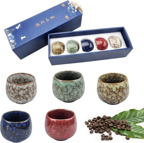 GZRXIOUS Set di 5 tazze da espresso, 130 ml, in ceramica, senza manico, per cappuccino, tazze da tè e caffè giapponesi