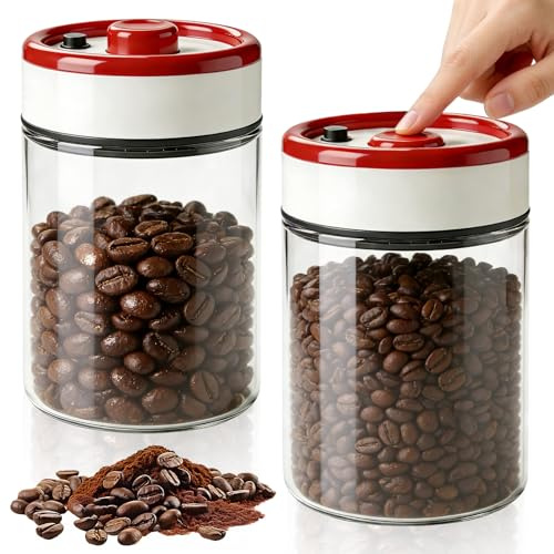 Lata de café hermética: 2 unidades de lata de café con tapa de vacío, 900 ml, latas de café al vacío de cristal, almacenamiento de granos de café, para nuisse, té, cacao, para cocina y reservas