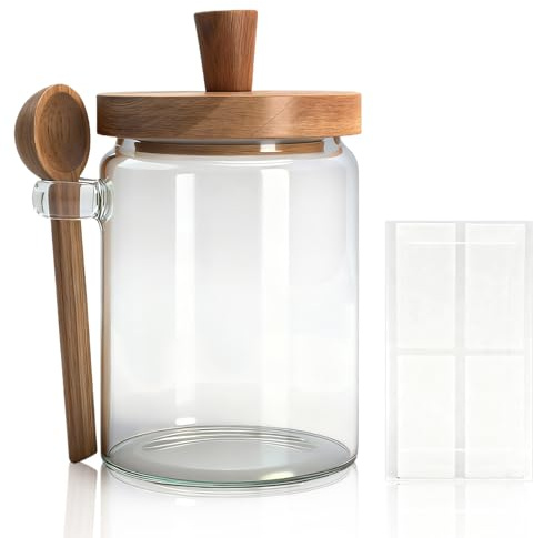XRVRILE Förvaringsburkar med lock, 550 ml borosilikatglas med akaciaträlock och sked, lufttätt förvaringsglas, kök för kaffe, te, müsli, nötter med etiketter