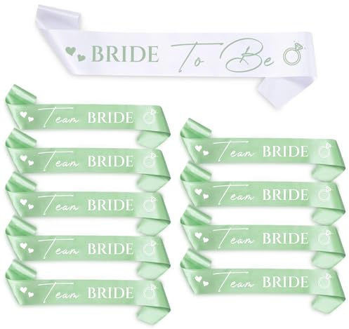 YSUVIN Sposa Fascia Set, 10 PCS Fascia Addio al Nubilato con 1 Bianco Bride to Be e 9 Verde Salvia Team Bride Sash, Sposa Gadget per Addio al Nubilato, Matrimonio, Doccia Nuziale, Donne Decorazione