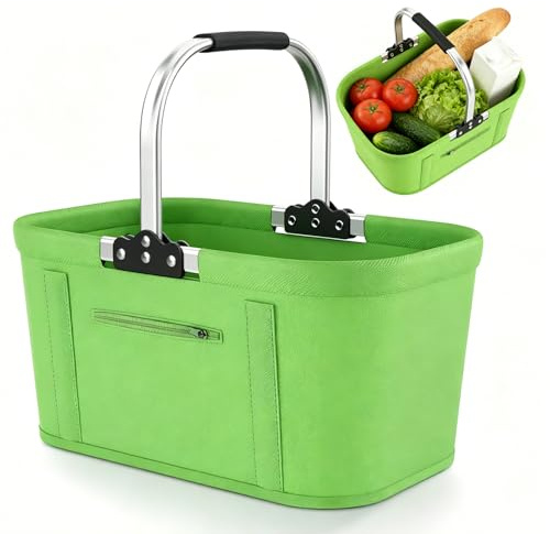 Grand panier de courses, pliable, 30 l, panier de pique-nique, panier de transport, pratique avec barres en aluminium, sac de courses familial pour camping, pique-nique (vert)