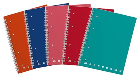 Pigna, Confezione 5 Maxi Quaderni Spiralati A4 MONOCROMO,interno 1R, righe,4 fori archivio,con microperforazione