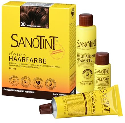 Sanotint - Haarfarbe Classic Nr. 30 Dunkelblond Warm - Naturnahe dauerhafte Haarfarbe mit Goldhirse und wertvollen pflanzlichen Extrakten – 100% Grauabdeckung – vegan - 125 ml