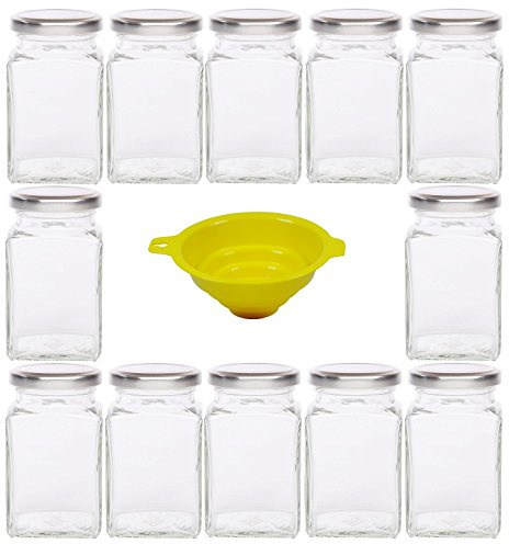 Viva Haushaltswaren - 12 barattoli in Vetro da marmellata, Ideali Anche per conservare Le spezie, con Coperchio Color Argento, capacità 260, compreso Imbuto Giallo con Blocco