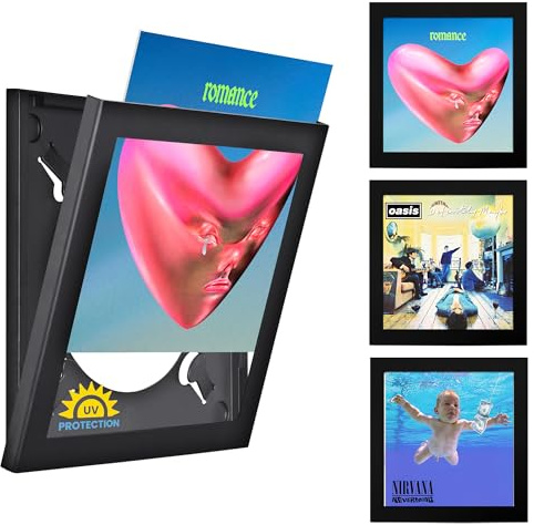 PLAY AND DISPLAY Art Vinyl Cadres pour Vinyles Noir Mat - Lot de 3 38 x 38 cm avec Protection UV et Acrylique Résistant aux Rayures - Pour 1 à 3 LP ou Double LP Gatefold - Montage Facile au Mur