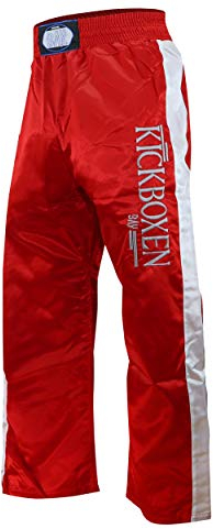 BAY Edel Stick Kickboxhose, Größe 170, rot mit weißen Seitenstreifen, gestickte Schrift Kickboxen, Thaiboxhose lang, Hose Kick-Boxen Thaiboxen Muay Thai, Satinhose