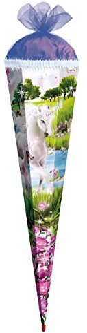 ROTH Schultüte groß Einhorn mit Fohlen mit Glitzer und Glitzerborte 85 cm - 6-eckig Rot(h)-Spitze Tüllverschluss - Zuckertüte
