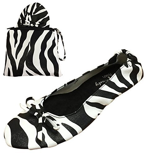 After Party Pumps® Zebra Size UK 3-4 Ladies Roll Up Shoes Fold Up Pumps Foldable with Carrier Pouch