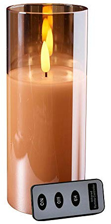 Klocke Dekorationsbehov, högkvalitativt LED-ljus i glas – med fjärrkontroll och timer – ⌀ 10 cm – realistisk och flimrande låga – juldekoration (bärnsten, höjd: 25 cm)