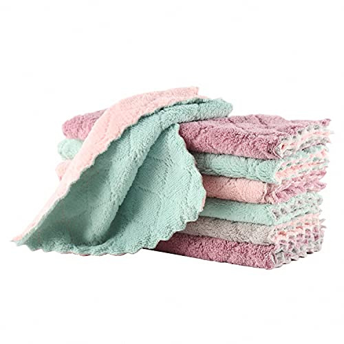 10 Pack Dish Cloths for Kitchen, Soft Coral Velvet Washing Up Dish Towels, Strong Absorption Water and Remove The Oil and Dust Dish Rags (Pink/Green)