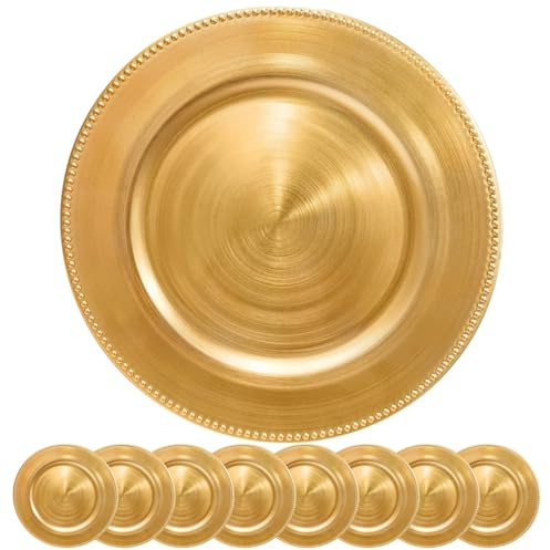 DaCakeWS Gold Charger Plates 10PCS,13inch Round Beaded Plastic Charger Plates,Plate Chargers Bulk for wedding,Dinner,Party,Decoration(Gold 10)