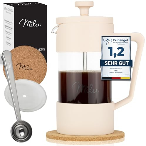 Milu cafetiere a piston presse à café | 350ml, 600ml, 1L | french press verre, Ensemble comprenant un sous-verre, une cuillère, un filtre de rechange supplémentair (Beige, 600ml (3 tasses)