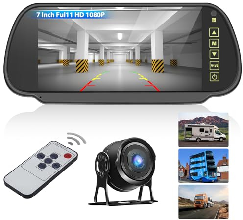 CAMECHO HD backkamera Dashcam-spegel med 7-tums IPS-pekskärm, 1080P nattseende i färg vattentät backkamera, stöd för spegelbilder+fjärrkontroll (DC 12-24V)