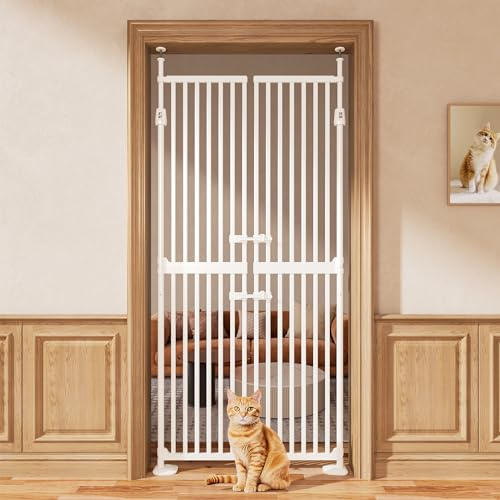 71 High Extra Tall Cat Gate, 33.85-35.43 Wide Cat Safety Gate, 1.34 Extra Narrow Gap, Auto Close, No Drilling, Double Pet Door for Doorways, Kitchen