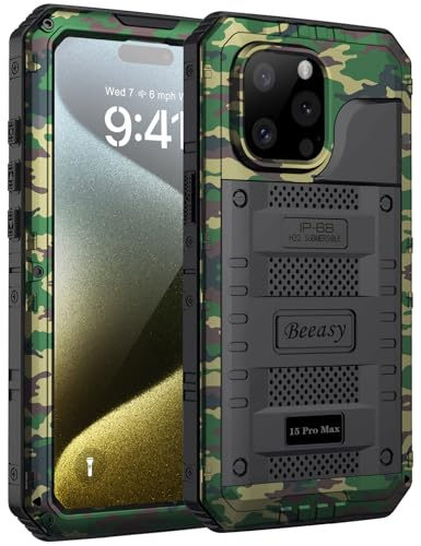 Beeasy für iPhone 15 Pro Max Hülle Wasserdicht Outdoor Stoßfest Metall Schutzhülle, Militär 360 Grad Panzerhülle Staubdicht mit Displayschutz Hardcase Heavy Duty Handyhülle Case 6,7, Camouflage