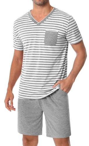 Leversic Pyjama Homme Été Ensembles de Pyjama Homme Pyjama Short Homme Pyjama Coton Homme Pyjama Court à Manches Vêtements de Détente Deux Pièces Confortable Doux Gris+Blanc XL