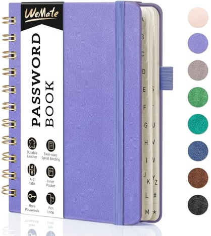 WEMATE Lösenordsbok med alfabetiska flikar, liten 12 x 15 cm – lila | Internetinloggningsjournal, spirallösenord anteckningsbok och journal för användarnamn och lösenord, lämplig för seniorer