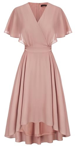 CURLBIUTY Robe Élégante en Mousseline De Soie pour Femme, Col en V, Ligne A, De Cocktail, Longue De Mariage, Rose Clair 46
