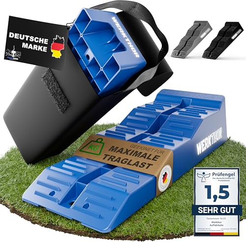 WERKTHOR Auffahrkeile für Wohnmobil - [2er Set] Hochbelastbare Auffahrkeile für maximalen Halt [<5t] - Auffahrkeile für Wohnwagen Wohnmobil & Anhänger - Keile für jeden Untergrund - inkl. Tasche