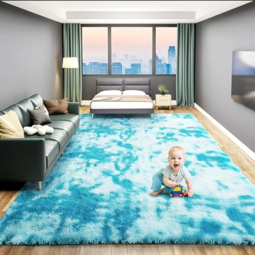 ARRITS Hochflor Teppich 140x200cm, Hellblau Weich Wohnzimmer Teppich Flauschig, Moderne Rechteckig rutschfest Langflor Shaggy Teppiche Schlafzimmer Waschbar Bettvorleger Outdoor Carpet