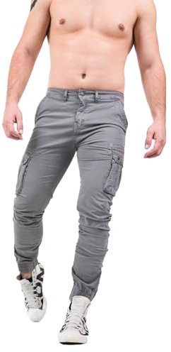 Instinct Pantaloni Uomo Cargo Estivi Slim Fit Militari con Tasche Laterali Tasconato Multitasche 97% Cotone Zip alla Caviglia 52 Grigio D-2310