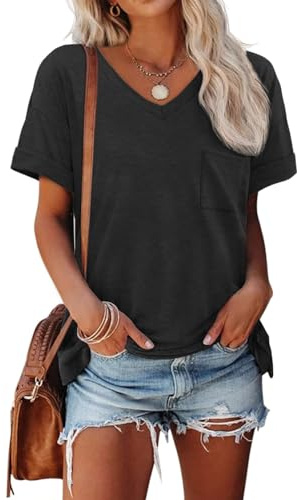 AirMood Womens Summer Casual Loose Fit Tshirt Tops Short Sleeve V Neck Tee Shirts (Black,XL)